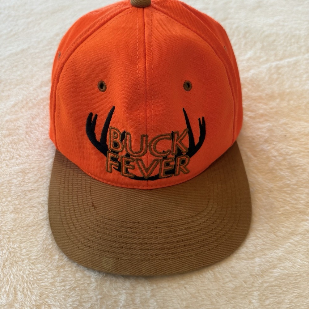 Vintage Buck Fever Deer Spell Out Snapback Hat Blaze Orange USA 80s 90s